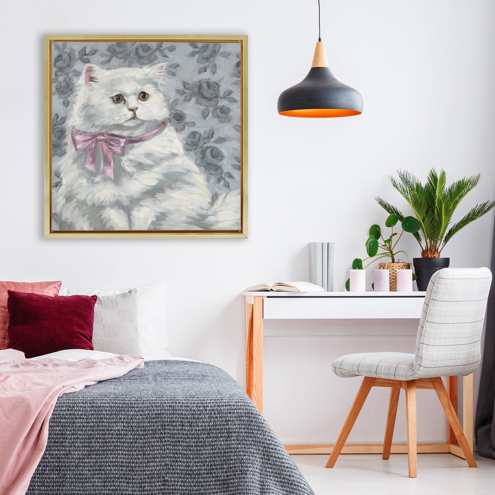 Stupell Industries Coquette Kitty Portrait Gold Framed Floater Canvas Wall Art, design by Sara G. Designs