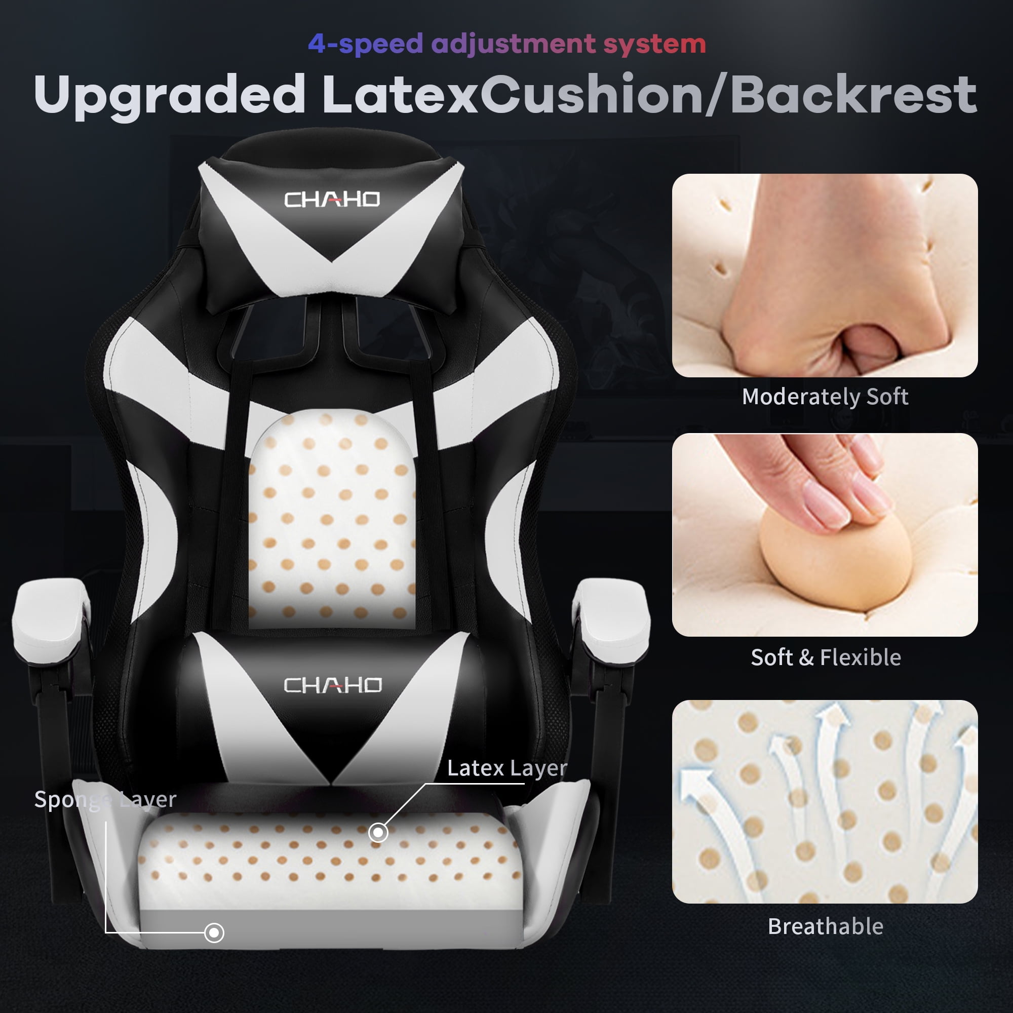 Ergonomic Gaming Chair, Brochao Gaming Chair with Speaker & LED Lights, Computer Racing Chair for Adults, PU Leather Office Chair with Footrest Lumbar Support Headrest, White with Light