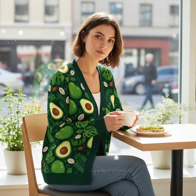 Emacom Ltd Tropical Avocado Cardigan, Green Leaf Button Front Sweater ...