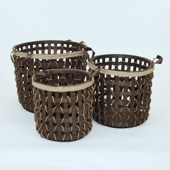 Set Of 3 Dark Brown Woven Wood With Fabric Handles Baskets