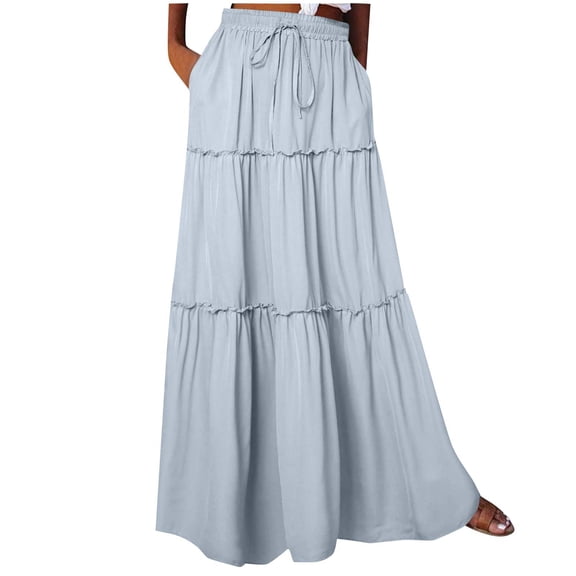 cocolona Maxi Skirts for Women Elastic Waist Drawstring Pleated Flowy Long Skirts Fashion Casual Beach Vacation Boho A Line Skirts Light Blue XL
