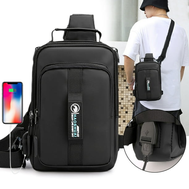 Mochila bandolera para hombre y mujer, con orificio para auriculares, ideal para senderismo, acampada y viajes al aire libre. Elegante sistema de transporte con USB.