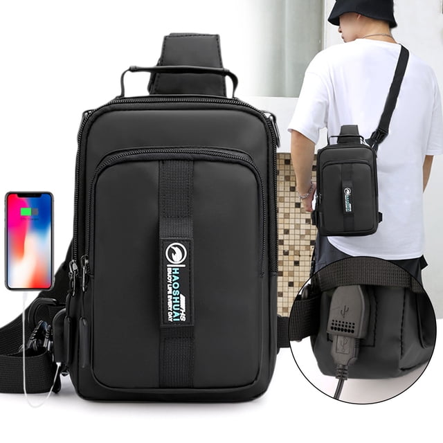 Bolsa pequeña de hombro, mochila cruzada, mochila de pecho con puerto USB, compartimento para tabletas, mochila de viaje para senderismo, acampada y ciclismo