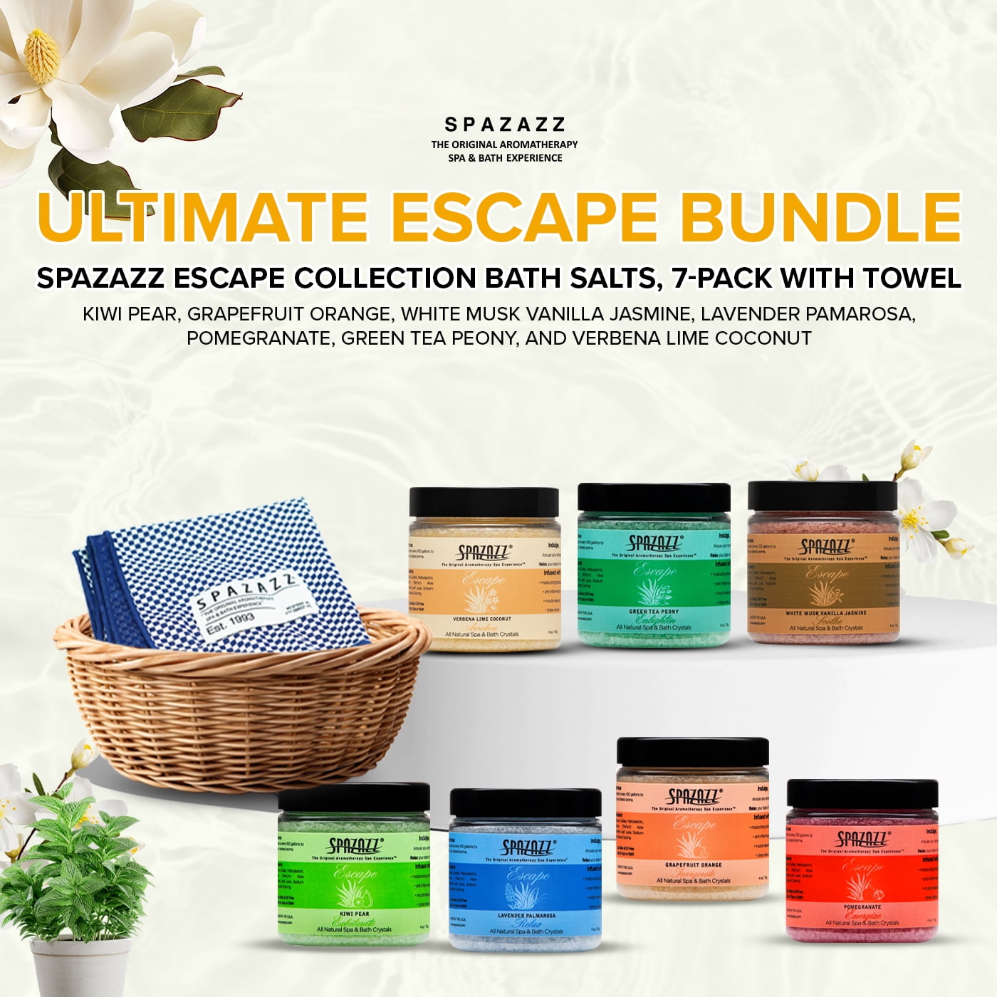Hot Tub & Spa Bath Salt Aromatherapy Crystals - Spazazz Escape Collection 4 Oz 7-Pack Sampler & Hot Cold Towel
