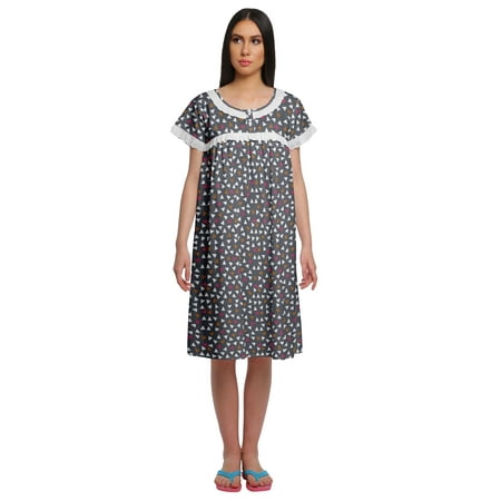 

Moomaya Printed Cotton Short Sleeve Nightwear Womens Lace Neckline Nightdress