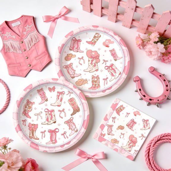 Coquette Bow Cowgirl Party Supplies - Pink Western Theme Disposable Tableware Set for Sweet & Cool Cowgirl Gatherings