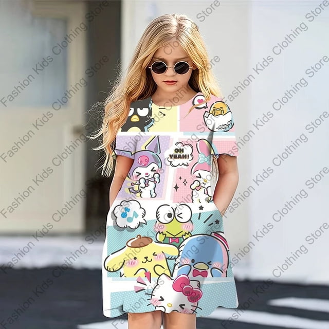 Robe d'Été Mode Dessin Animé Hello Kitty & Friends Imprimée Robes Femmes Filles Manches Courtes Robe Princesse Vêtements Filles Aguichant Été