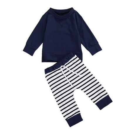 

Musuos Baby Boy s Autumn Outfit Set Solid Color Long Sleeve Sweatshirt Tops and Striped Elastic Waist Pants Set