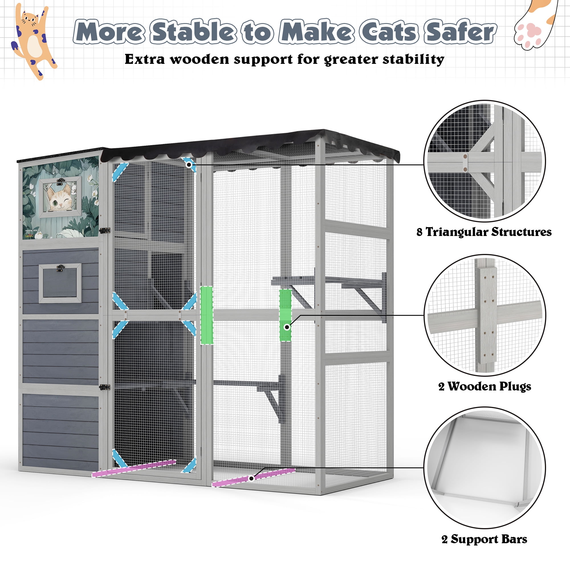 COZIWOW Wood  Cat House Catio Outdoor Enclosure, 2 Resting Condos, 2 Platforms, 4-Tier Cat Play Cage, Gray with Pattern
