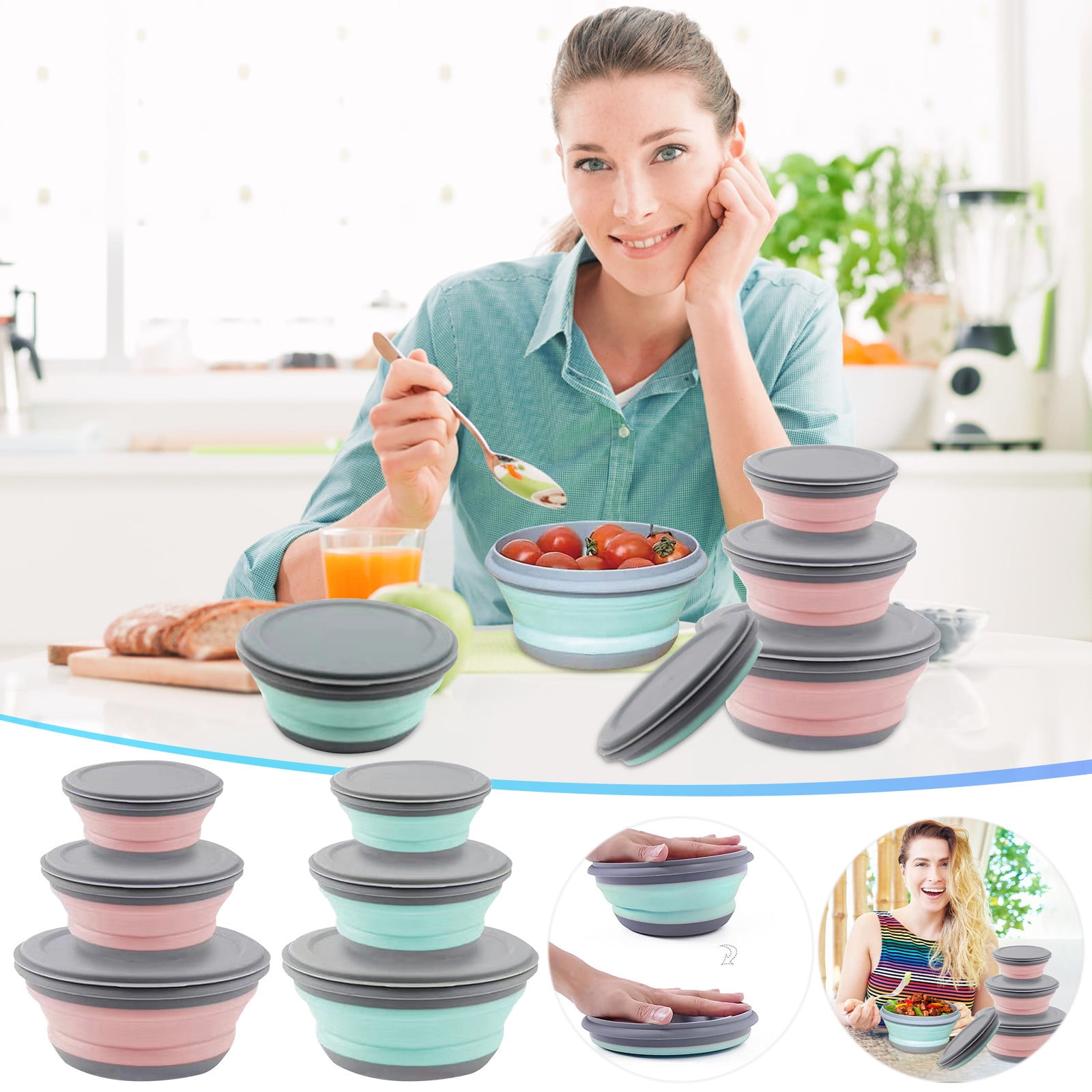 JingChun 3-Pack Collapsible Food Storage Containers with Airtight Leakproof Lids, Microwave, Freezer, Dishwasher Safe, Space-Saving Silicone Bowls for RV, Travel, Meal Prep and Home