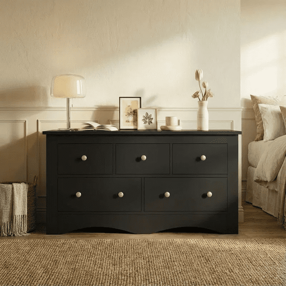Homall 5 Drawer Double Dresser, Modern Wood Chest of Drawer for Living Room Bedroom,Black
