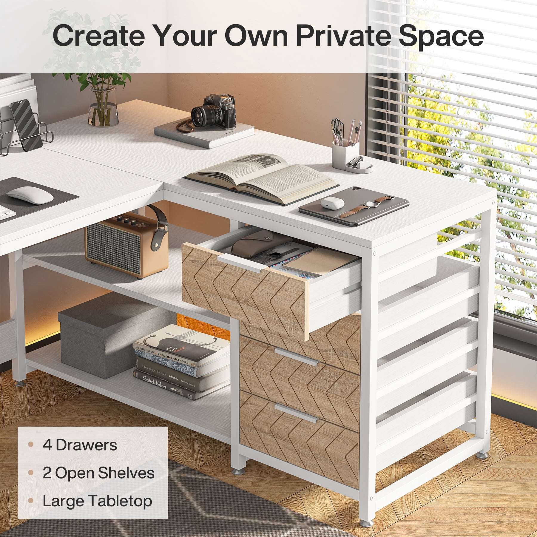 Tribesigns L-shaped Computer Desk, 59 inch Corner Desk with Drawers and Storage Shelves, Reversible Writing Study Table for Home Office, White