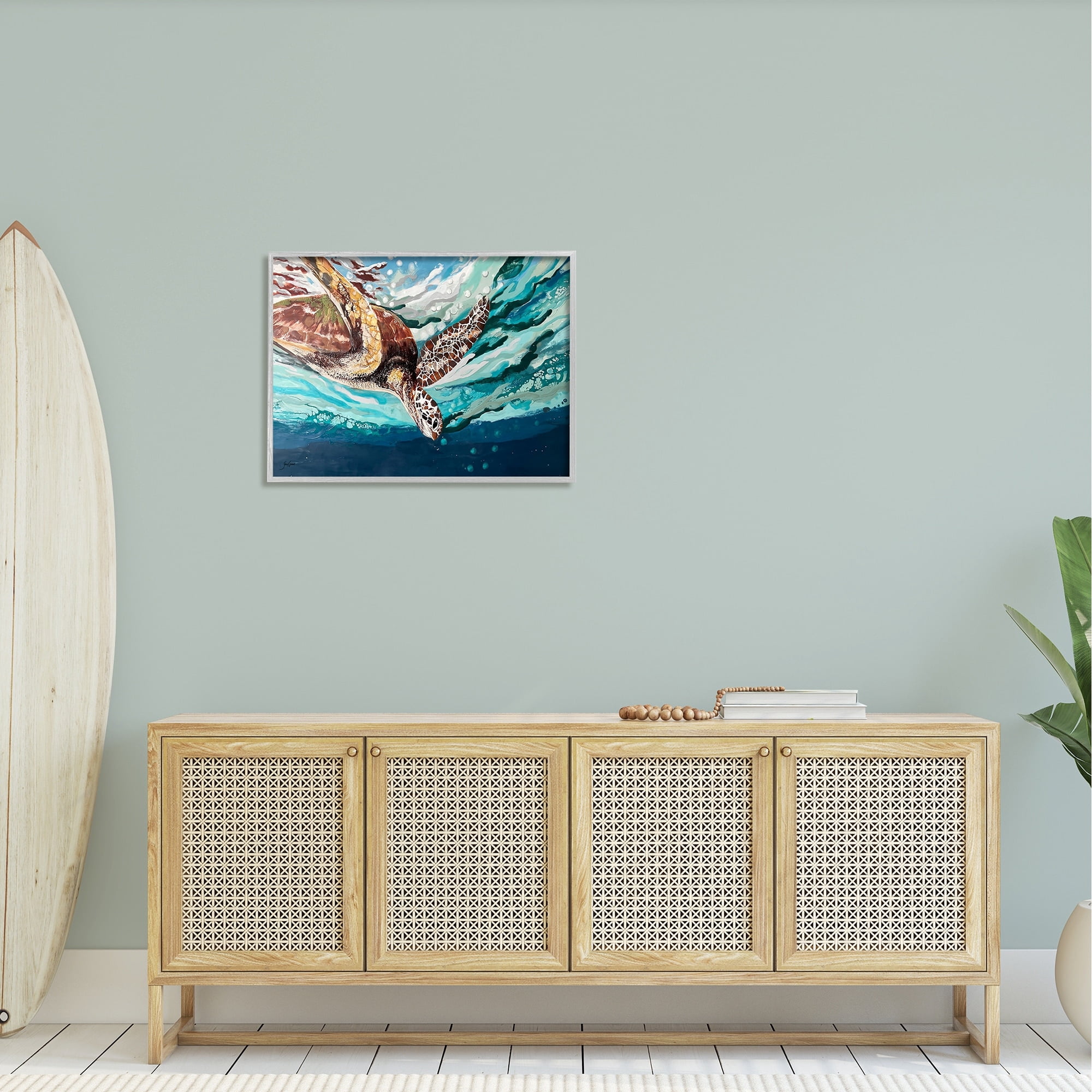 Stupell Industries Splashing Sea Turtle Diving Below Ocean Surface Painting Gray Framed Art Print Wall Art, Design by Stacy Gresell