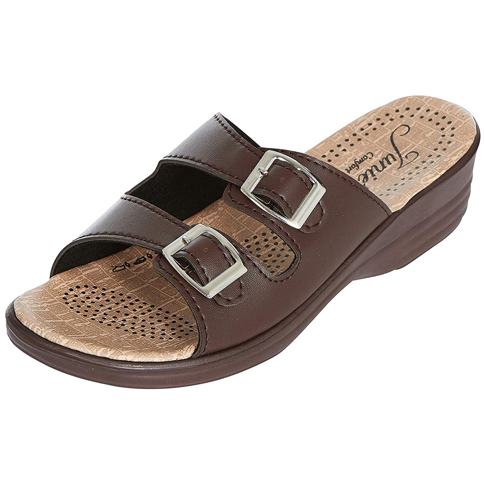double buckle slip on sandals