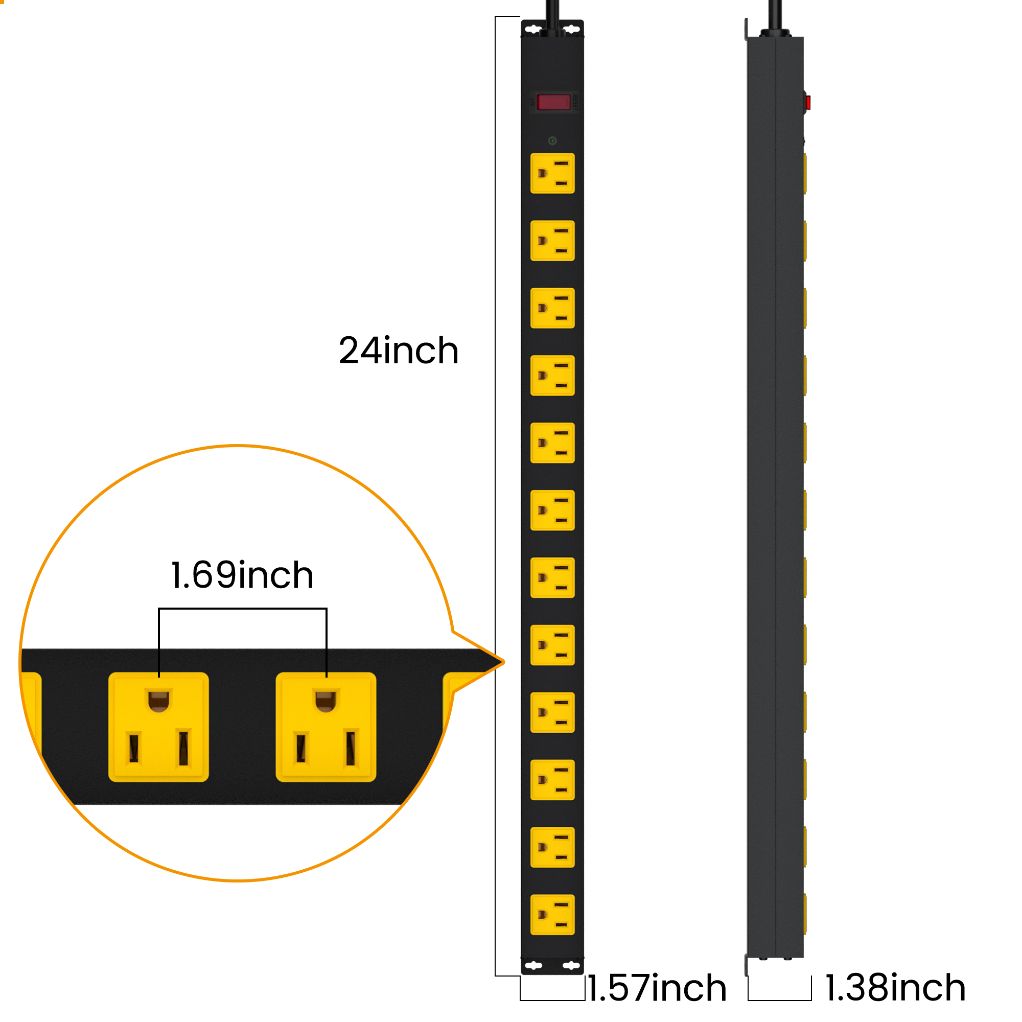 Power Strip Surge Protector 12 Outlet, Heavy Duty Metal Power Bar with 3FT Extension Cord, 2100J Overload Protection Switch, Wide Spaced Outlets for Workbench, Shop, Garage, Industrial Use
