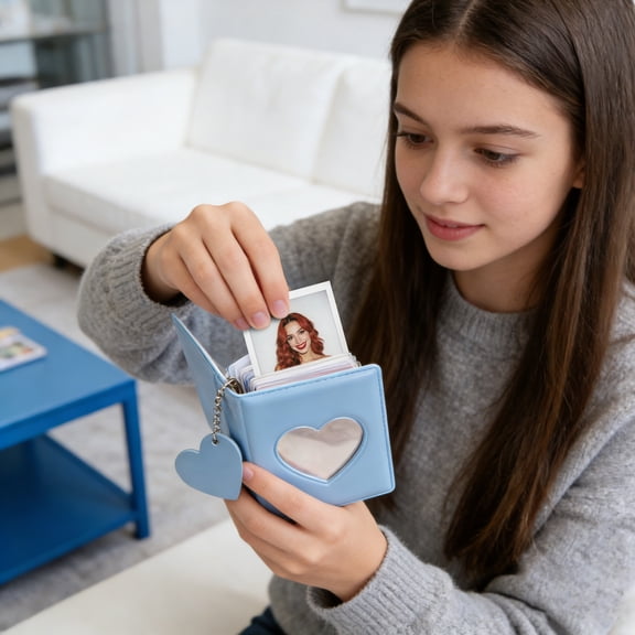 Mini Photo Card Holder Blue Album 1 Pack, Compact Memory Book With Heart Window And Charm, Ideal For Storing Photos Cards & Keepsakes, Perfect For Collectibles &