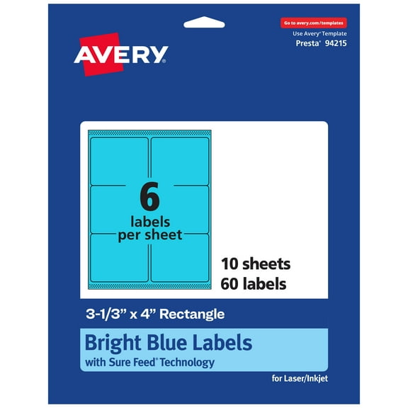 Avery Printable Rectangle Labels, Bright Blue, 3-1/3" x 4", 60ct