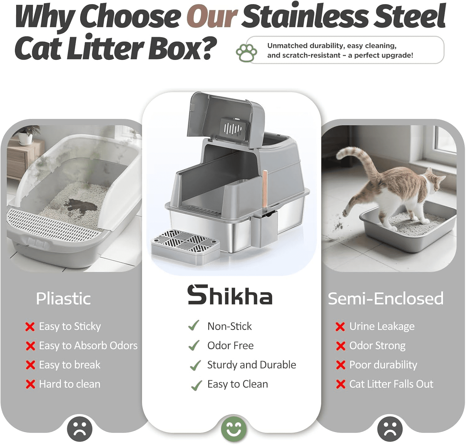 Stainless Steel Cat Litter Box with 110° Flip-Top Lid -XXL Top Entry Enclosed Litter Box for Large Cats with Deodorization Box, Odor-Free, Non-Sticky, Anti-Leak, Removable Lid for Easy Cleaning