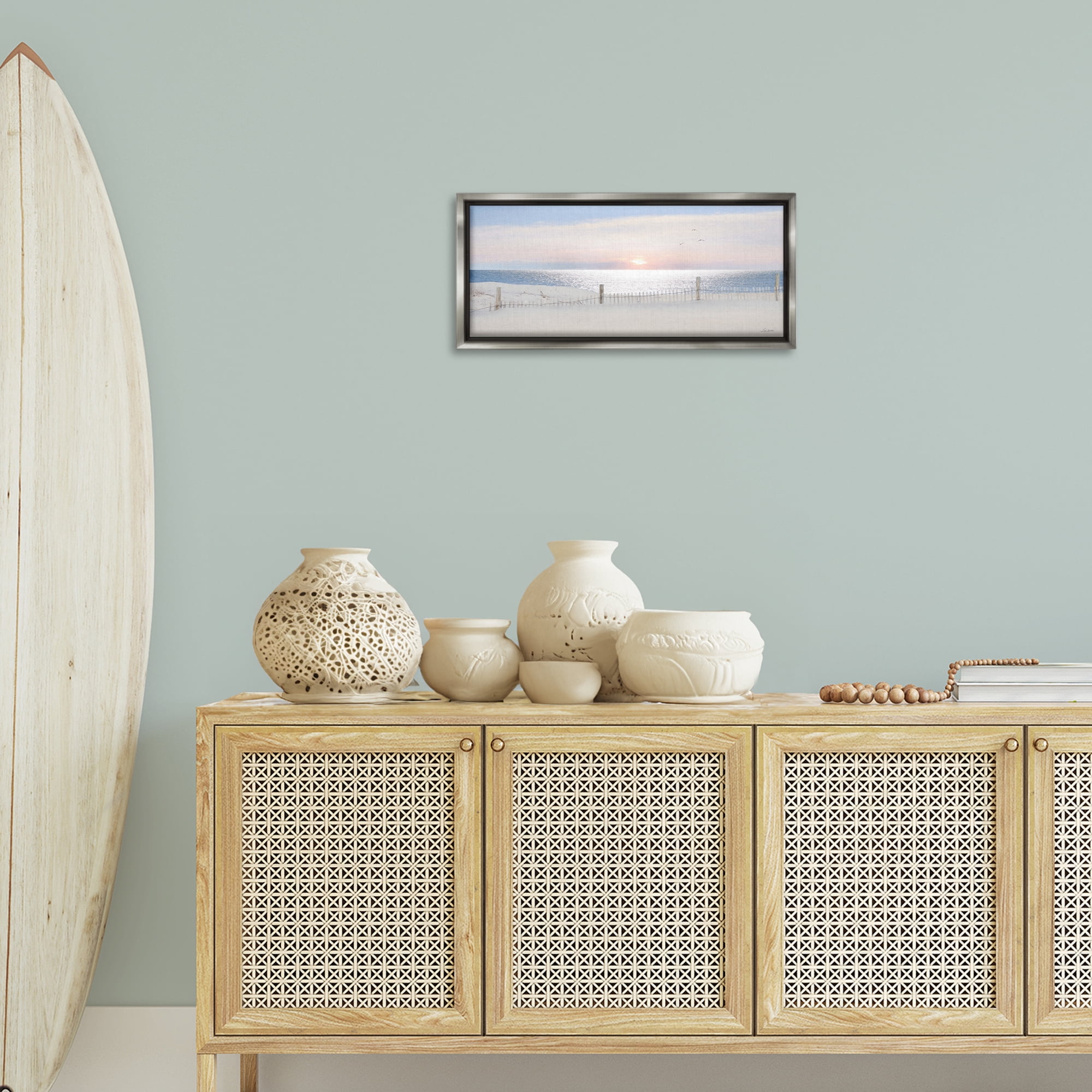 Stupell Industries Fence Along Shore Landscape Photography Gray Floater Framed Canvas Art Print Wall Art, 25 x 11