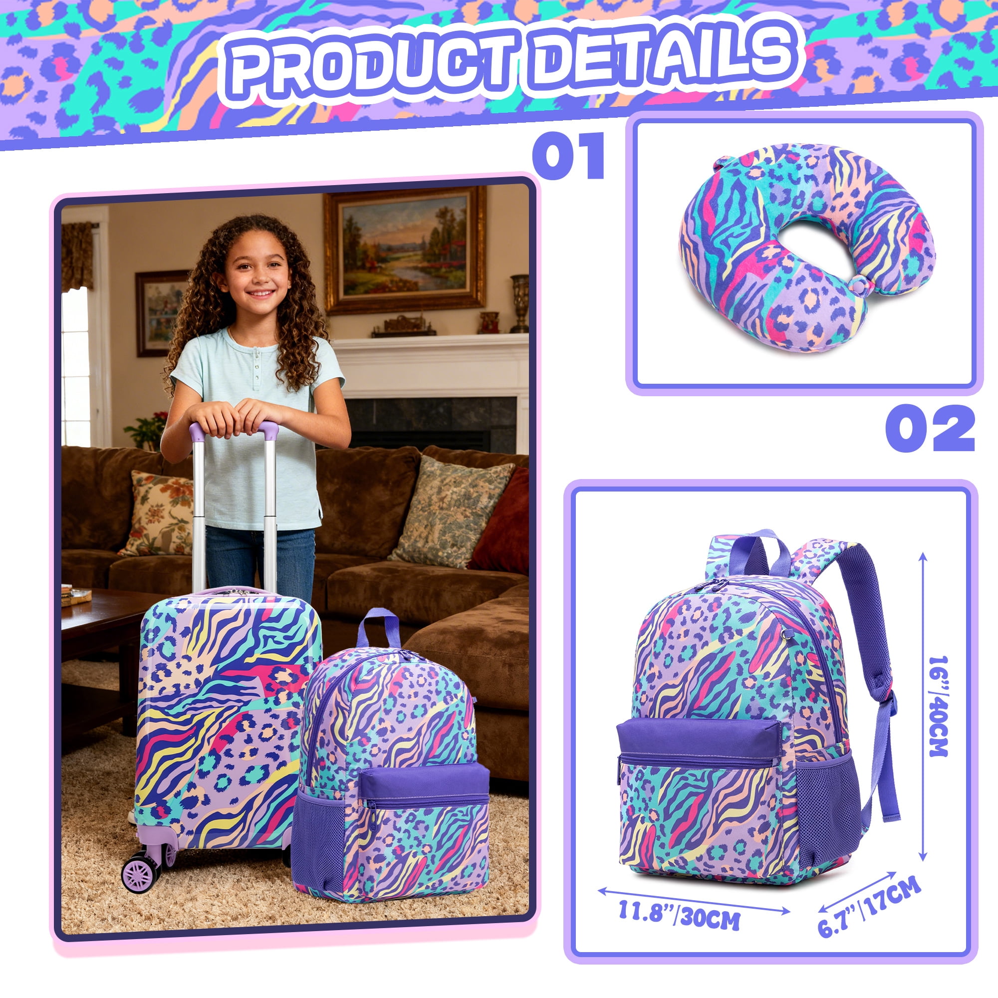 Kids Luggage Sets 5 Piece Toddler Suitcases with Wheels for Girls Women 16 inches Hardshell Suitcase Set with Travel Pillow for Airplane Travel Essential
