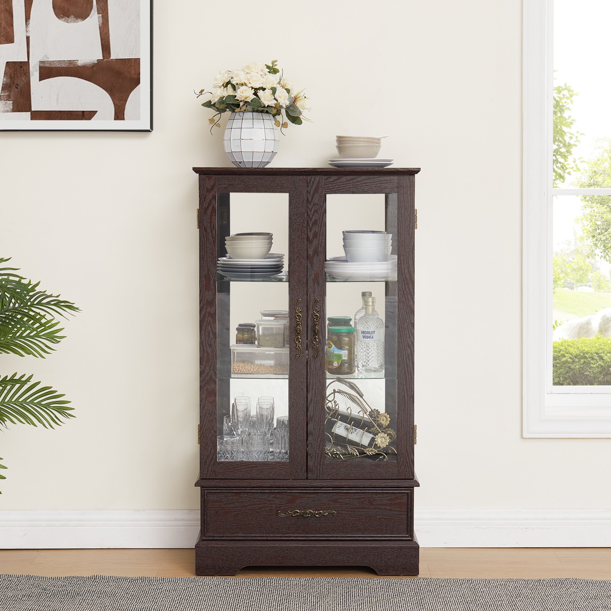 AENKYO 47" Retro Glass Curio Cabinet with Light Bulb - Vintage Display Case with Adjustable Glass Shelves, Cherry