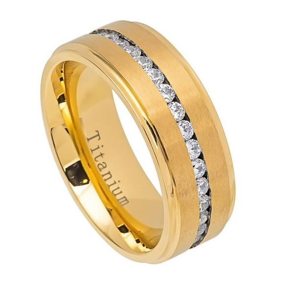 8MM Comfort Fit Titanium Wedding Band Gold Tone Brushed Center Shiny Edge CZ Eternity Ring (Size 7 to 15)