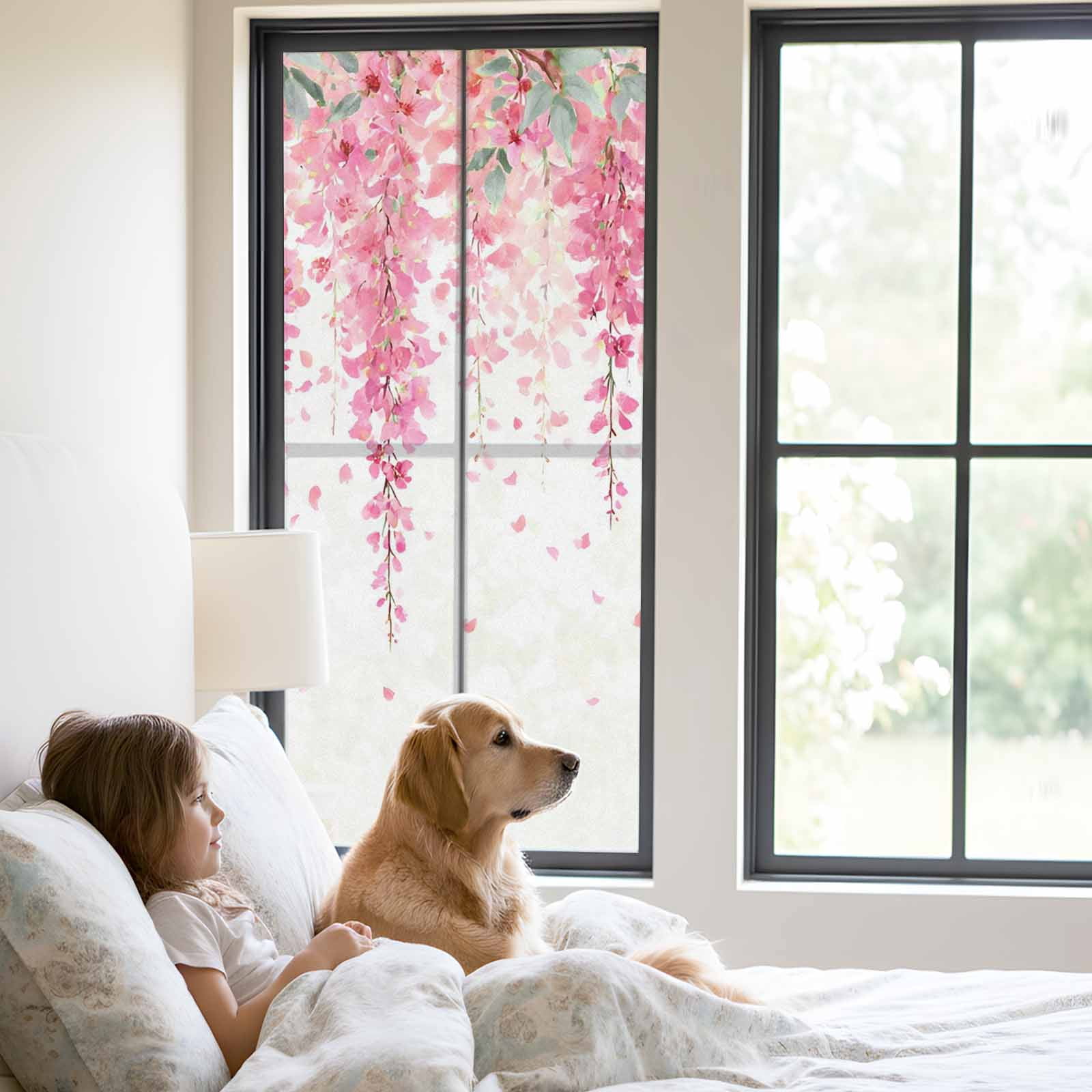 Spring Floral Window Privacy Film, Watercolor Pink Flowers Modern Rustic Farmhouse Frosted Glass Window Clings Static Cling UV Heat Blocking Reusable Door Sticker for Bathroom 23.6 x 59 Inch