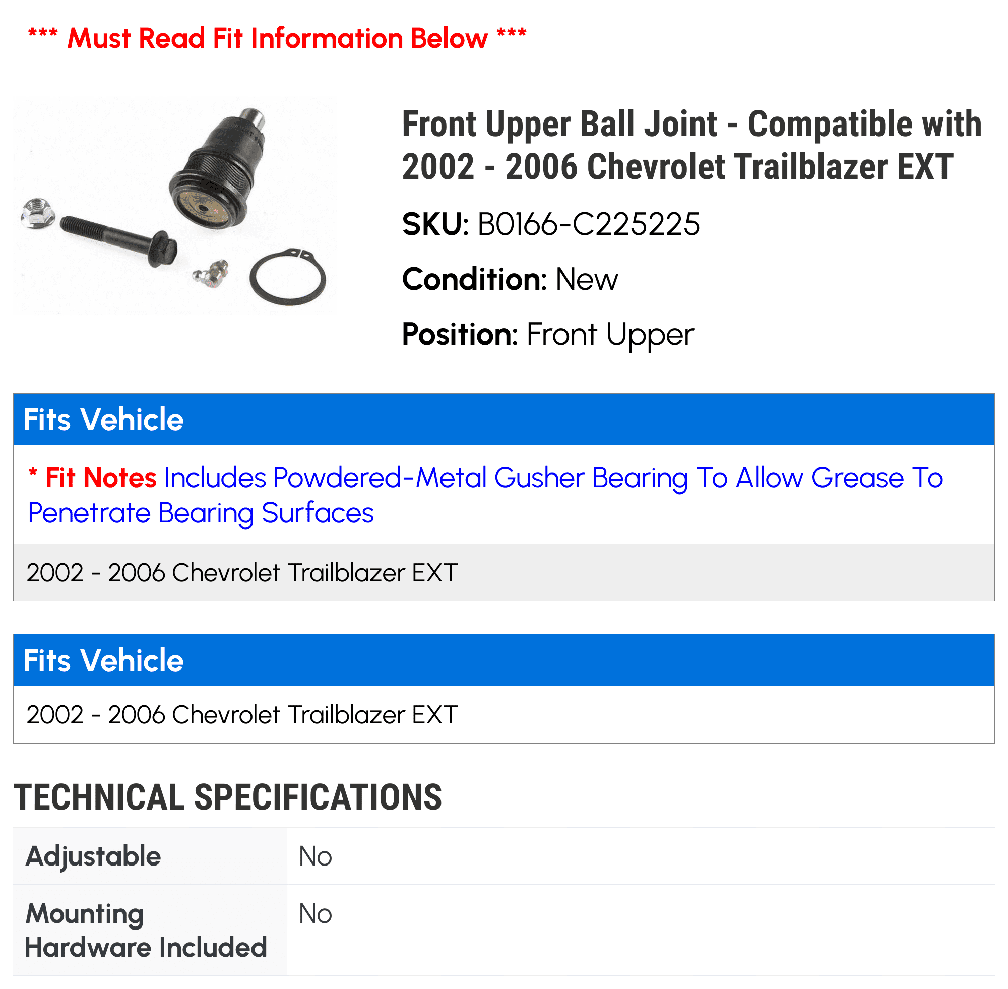 Front Upper Ball Joint - Compatible with 2002 - 2006 Chevy Trailblazer EXT 2003 2004 2005