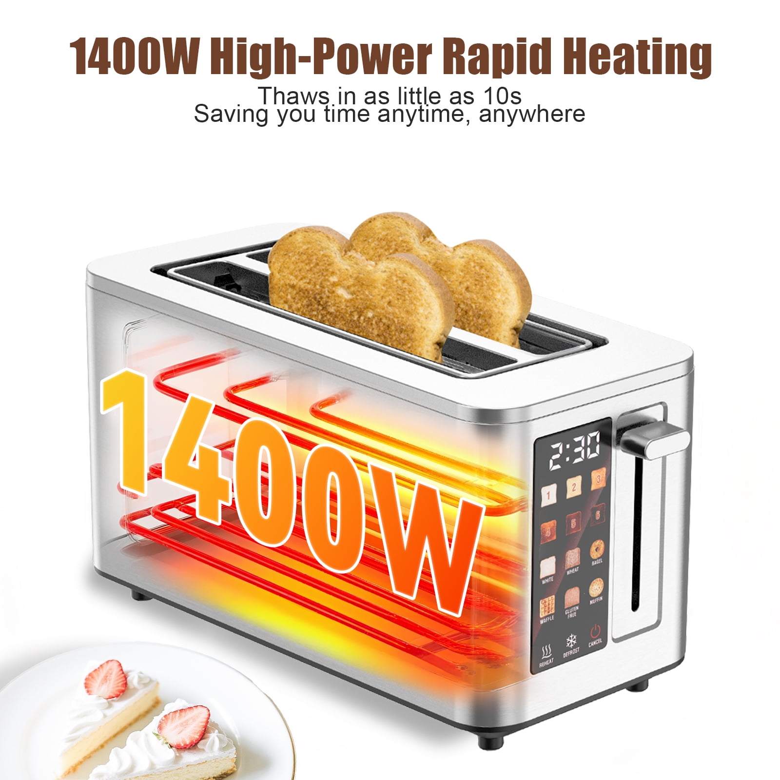 Touch Screen 4-Slice Toaster, Digital LCD Toaster with 4 Bread Types, 4 Shade Settings, Extra-Wide 1.5" Slots, 1400W