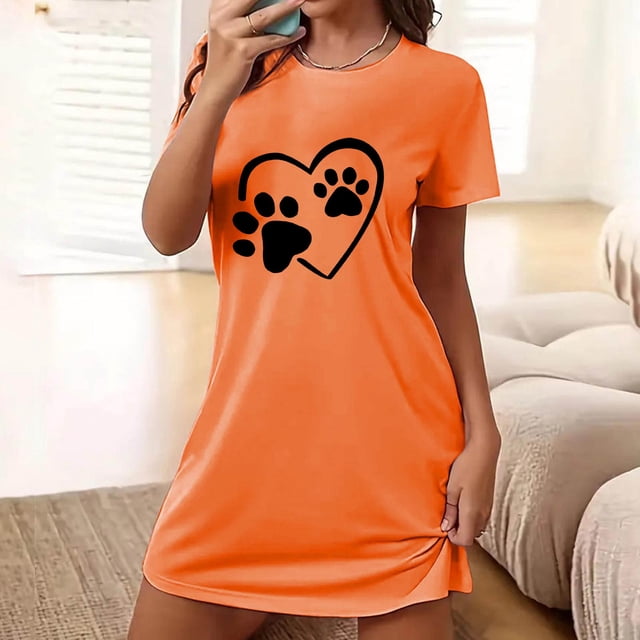 Weiqiqre Vêtements de Nuit pour Femmes Imprimé Cœur Manches Courtes Col Rond Chemises de Nuit Nuisette Robe de Nuit