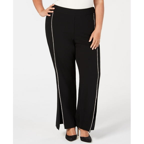Plus Size Rhinestone Trim Crepe Wide Leg Pants Deep Black 28W