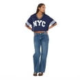 thumbnail image 5 of Forever 21 Women’s Mesh Cropped Boxy Football Tee, V-Neck Short Sleeve Varsity-Style Top with Striped Sleeves and Screen Graphic, XS-XL, 5 of 6