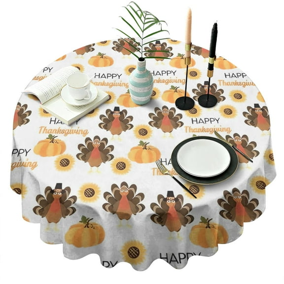 Happy Thanksgiving Turkey Fall Pumpkin Round Tablecloth 60" X 60",Wrinkle Wipeable Table Cloth for Kitchen Dining Room Picnic Patio Party