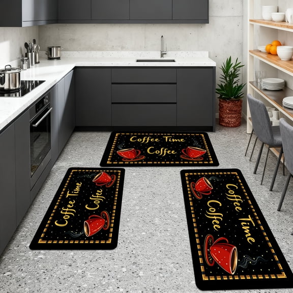Cozy Red Cup Non-Slip Kitchen Rug Set, Soft Sponge Cushion Floor Mat for Entryway Living Room Bedroom, Machine Washable Warm Coffee Theme Home Decor