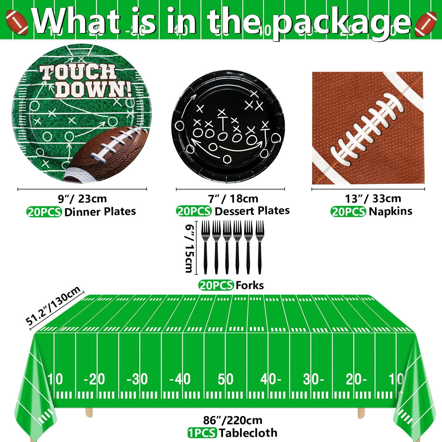 Football Party Supplies for 20 Guests, Disposable Tableware Set with Formation Tactics Plates, Football Field Tablecloth, Napkins – Game Day, Tailgate, Kids Birthday Party Essentials