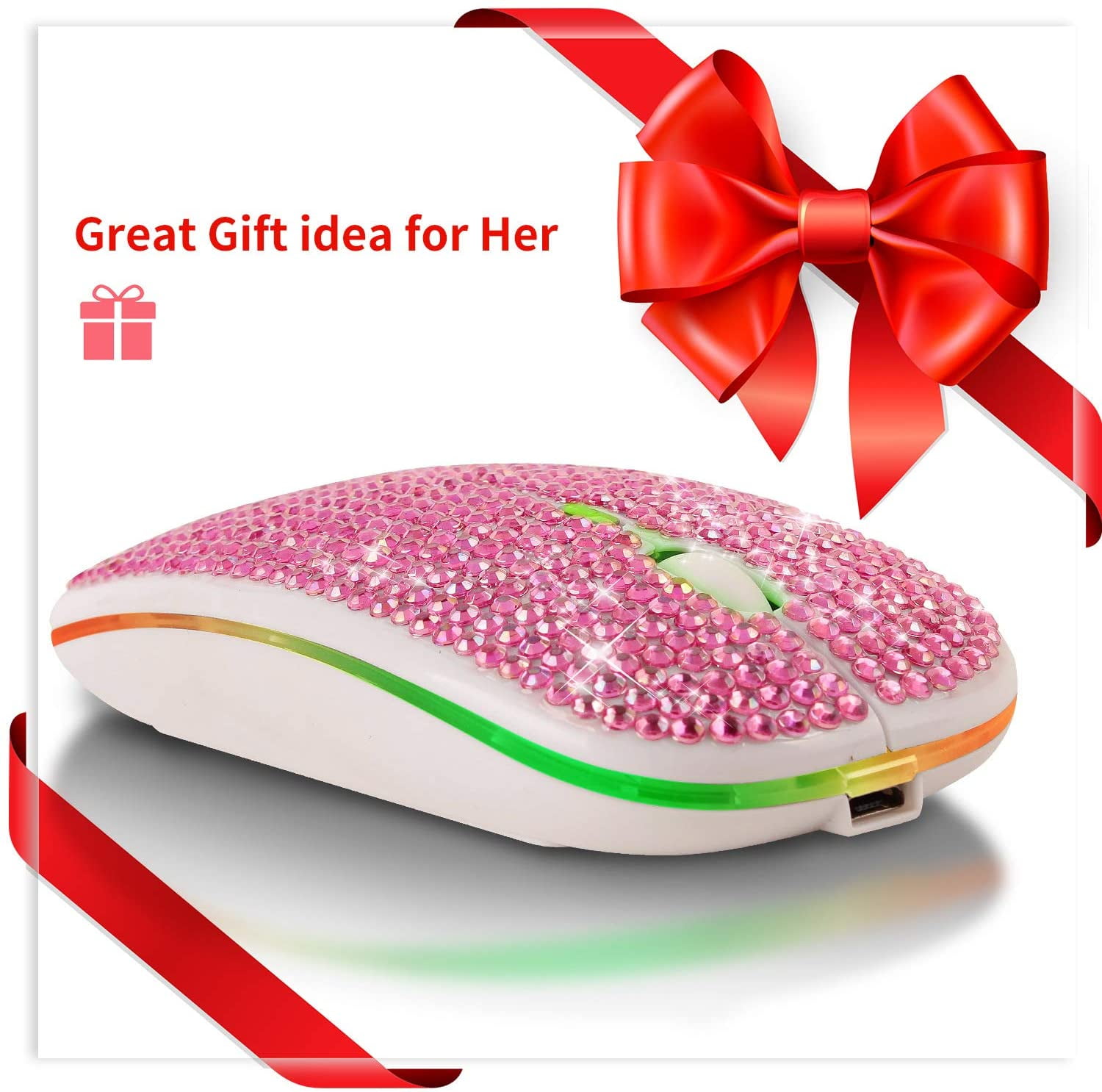 Bling Rhinestone Bluetooth Mouse, 2.4G Rechargeable Wireless Slim Mouse with USB Receiver, Sparkling Glitter Mouse for PC Laptop MacBook, Gift for Women