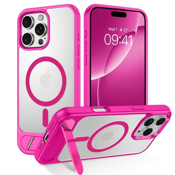 DOMAVER for iPhone 16 Pro Max 6.9" Case with Stand, Magnetic Case Foldable Invisible Kickstand Translucent Matte Back Protective Shockproof Phone Case for iPhone 16 Pro Max 6.9", Hot Pink