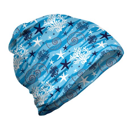 Seashells Unisex Beanie, Seashells Marine Sea, Hiking Outdoors, Blue White, by Ambesonne