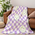 thumbnail image 3 of 1 Piece Purple and White Plaid Smiley Face Flannel Blanket - Soft, Durable, Quick-Drying, Easy Care Camping Blanket Perfect Gift |   Fun Design, 3 of 9