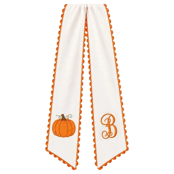 weibbin Fall Pumpkin Monogram Wreath Sash,Embroidered Fabric Wreath Ribbon with Pom Pom Trim,Seasonal Door Hanging Accessory for Harvest Thanksgiving Front Porch Farmhouse Decor