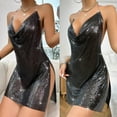 thumbnail image 6 of Shimmering Metal Sequined Backless Halterneck Party Dress with Side Split for Women Cowl Neck Cocktail Nightclub Gown, 6 of 8