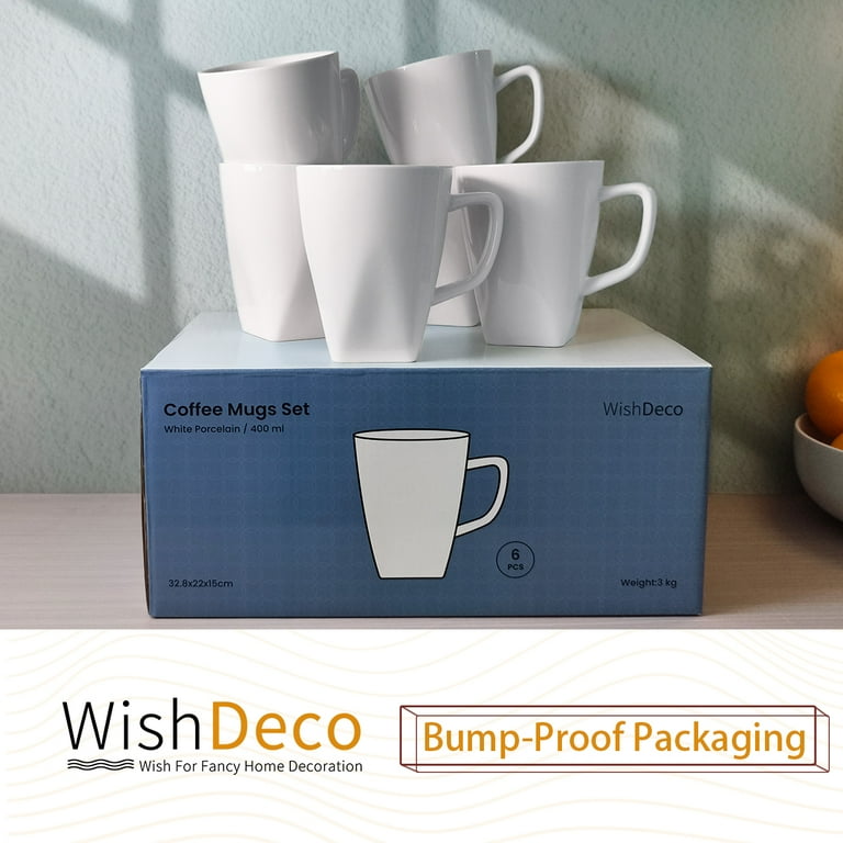 Wishdeco White Coffee Mugs Set of 6, Ceramic Coffee Cups 14 oz, Modern Tea Mugs, Porcelain Tea Cups, Large Mug for Latte, Cappuccino, Milk, Juice,