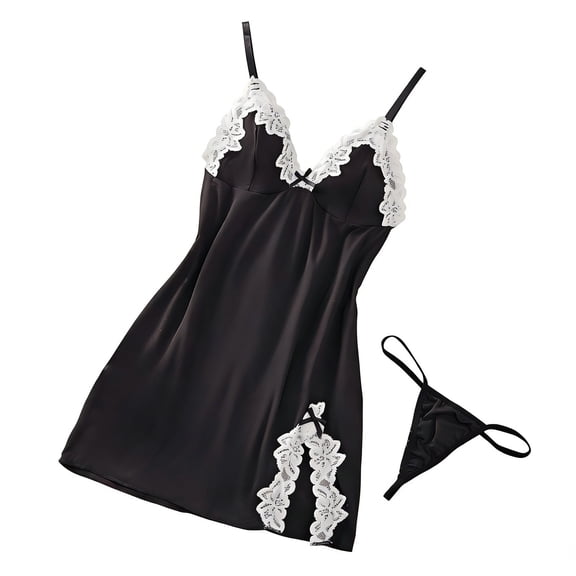 JSGEK Women Contrast Lace Trim Chemise Dress and Thong Set Adjustable Spaghetti Straps Nightwear Lingerie Set Black XL