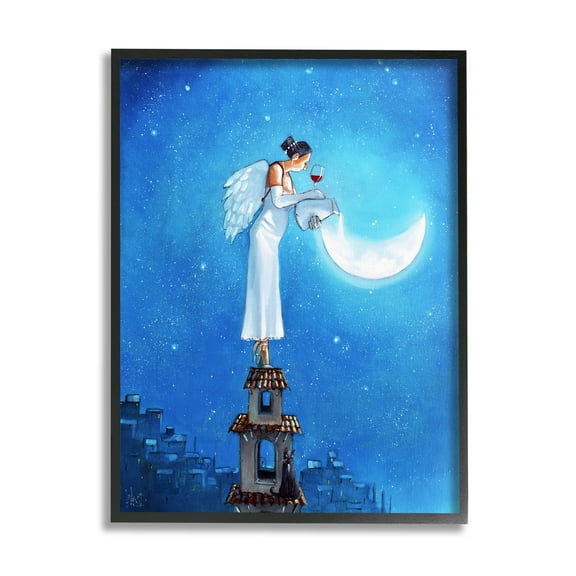 Angel Pouring Moon Cityscape Landscape Painting Black Framed Art Print Wall Art