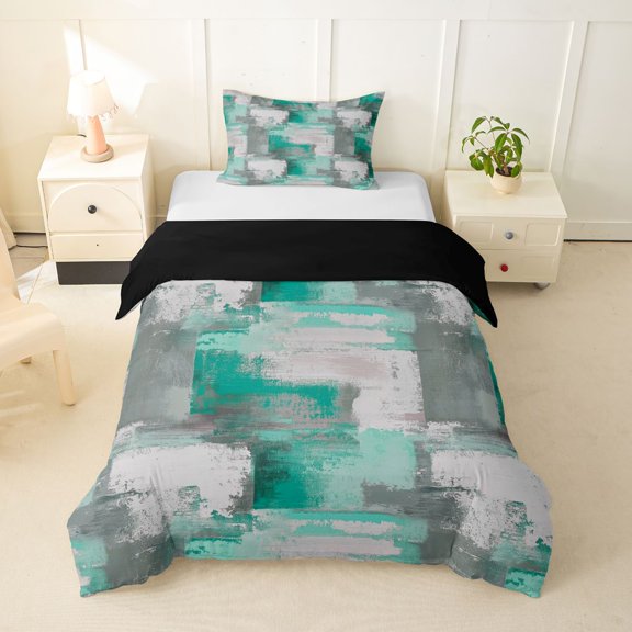 Homewish Green Geometric Grid Twin Duvet Cover,Abstract Art Twin Bedding,Black Reversible,2-Piece,1 Duvet Cover and 1 Pillowcase