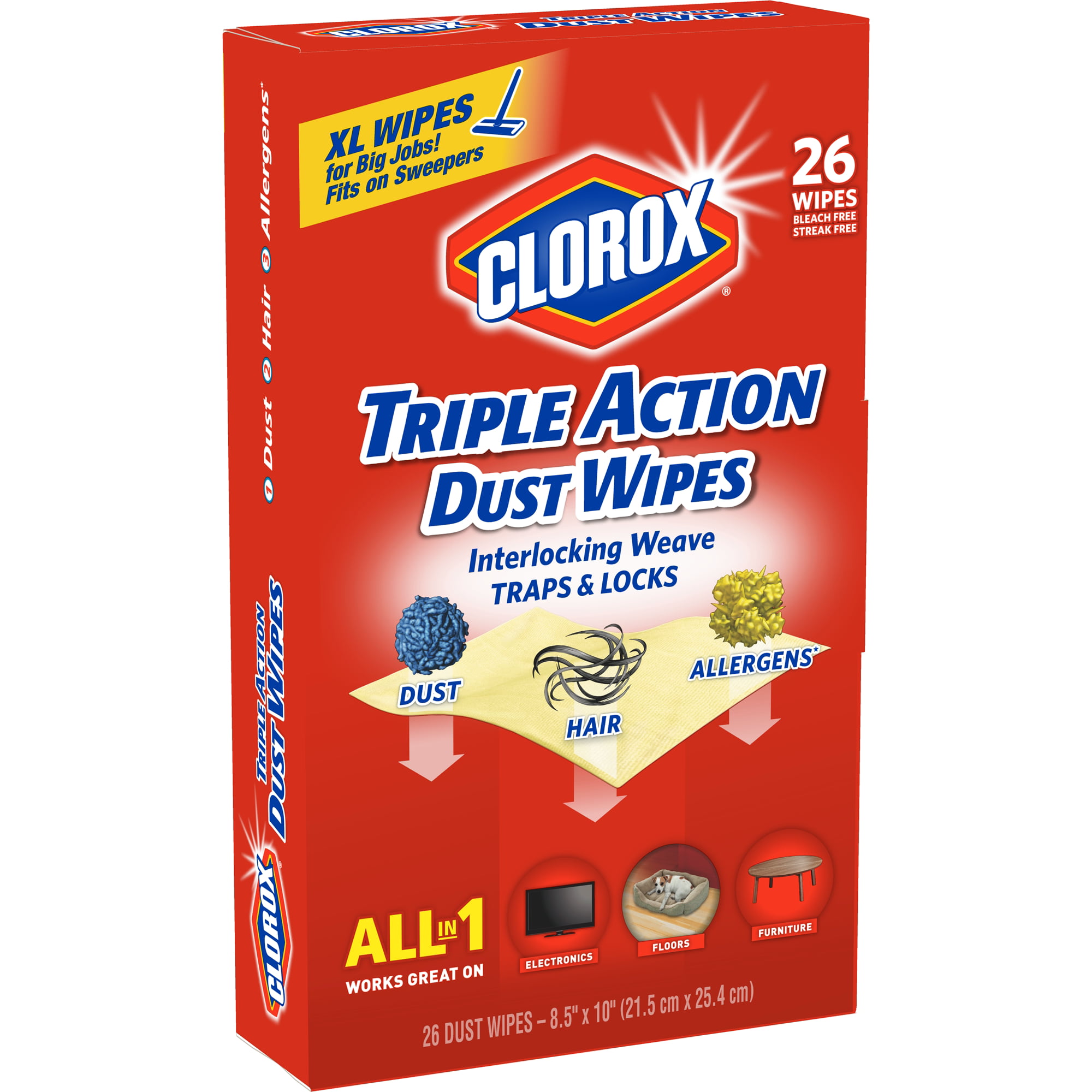 CLOROX TRIPLE ACTION DUST WIPES, WHITE, 8 1/2X7, 20/BOX, 10/CS