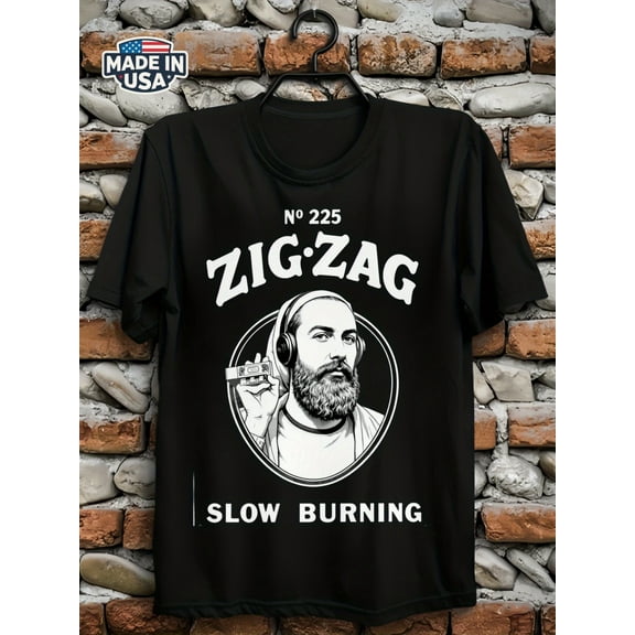 Men'S 100% Cotton Black T-Shirt with Vintage Zig-Zag Slow Burning Art Print – Casual Crew Neck Short Sleeve Tee for Casual Attire, Comfortable Clothing | Graphic Tee | Cotton Fabric