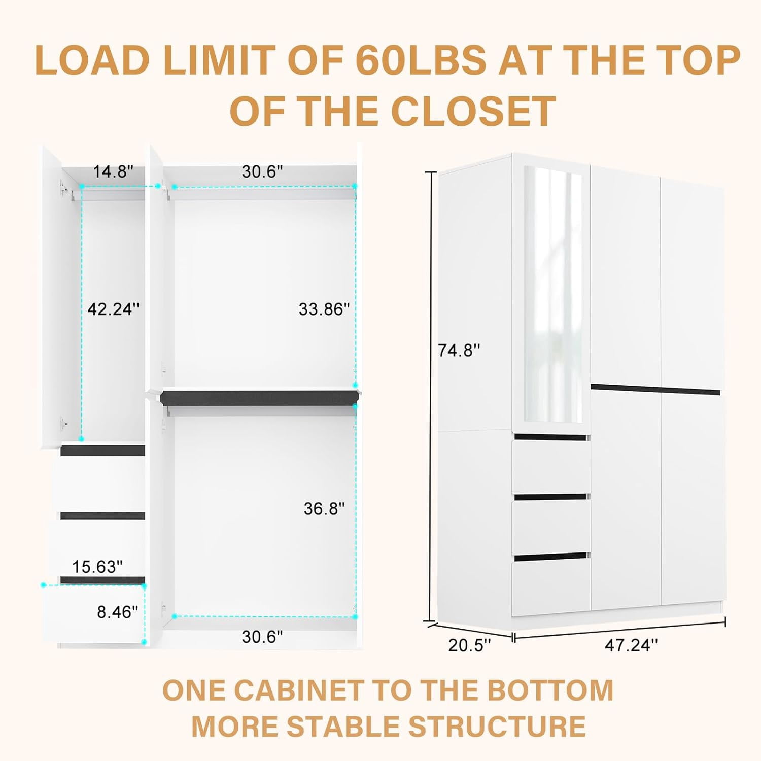 VINFORM 75" Armoire Wardrobe Closet with Mirror, Wardrobe Armoire with 3 Drawers, 5 Door Wood Armoire Storage with Hanging Rods and Multi-Layer Shelves for Bedroom, Guest Room (White)