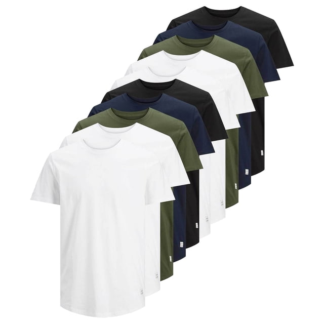 Jack & Jones Camiseta para Hombre, Paquete de 10 - JJENOA, manga corta, cuello redondo, algodón, color sólido Blanco/Verde/Azul/Negro L (Large)