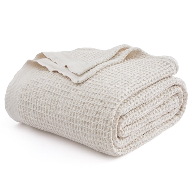 Manta de cama, 100% algodón, tejido gofrado, tamaño king, color beige claro